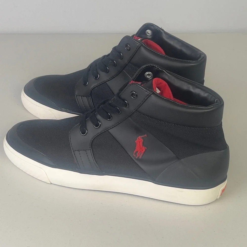 Polo Ralph Lauren Isaak Sneakers Mens 10.5D Black Red Excellent High Top Lace Up